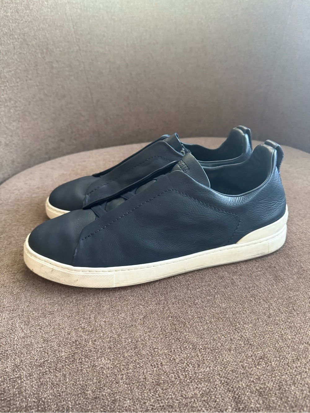 Zegna Men's triple stittch navy Leather Slip-On Sneakers